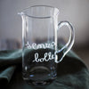Image of SIMPLE DAY - BROCCA IN VETRO " SENZA BOLLE" TRASPARENTE CON SCRITTA BIANCA