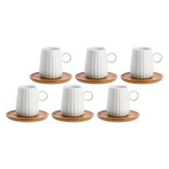 PORCELLANA BIANCA - INTAVOLA SET 6 TAZZE CAFFE' RIGATO IN PORCELLANA/LEGNO