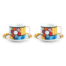 SET 2 TAZZE CAPPUCCINO CON PIATTINI IN PORCELLANA BRITTO DECORO FIORE EGAN