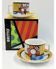 SET 2 TAZZE CAPPUCCINO CON PIATTINI IN PORCELLANA BRITTO DECORO FIORE EGAN