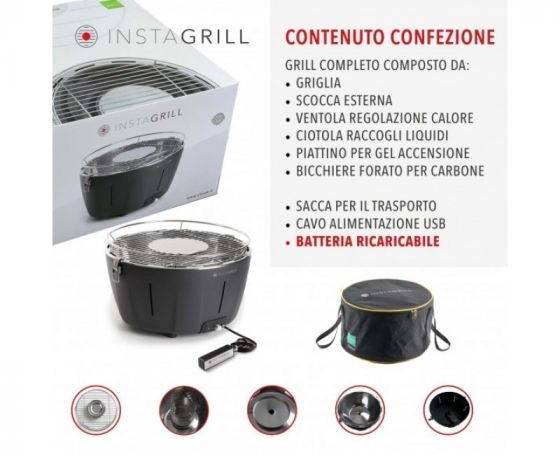 Classe Italia - INSTAGRILL BARBECUE a Carbone Senza Fumo da Tavolo - Power Bank incluso